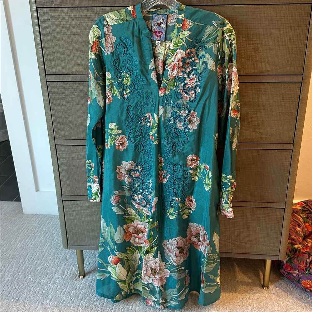 Johnny Was Teal Floral Silk Midi Dress